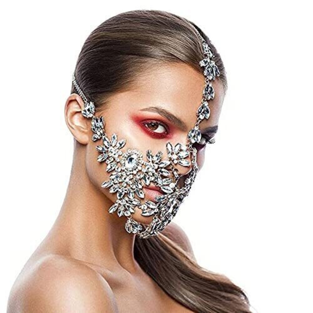 8667 Crystal Party Face Mask Chain , Rhinestone Mask Chain Sparkly